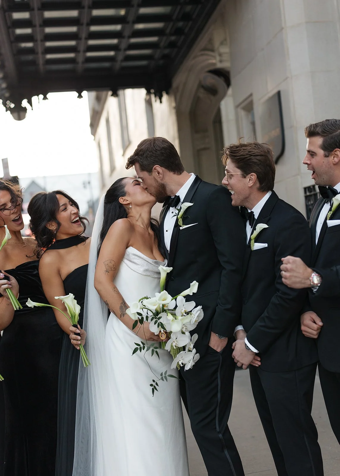 Modern chic november fall wedding downtown hotel kansas city orchids calla lilies amaranth anthurium wedding party the cottage rose kansas city wedding florist crossroads