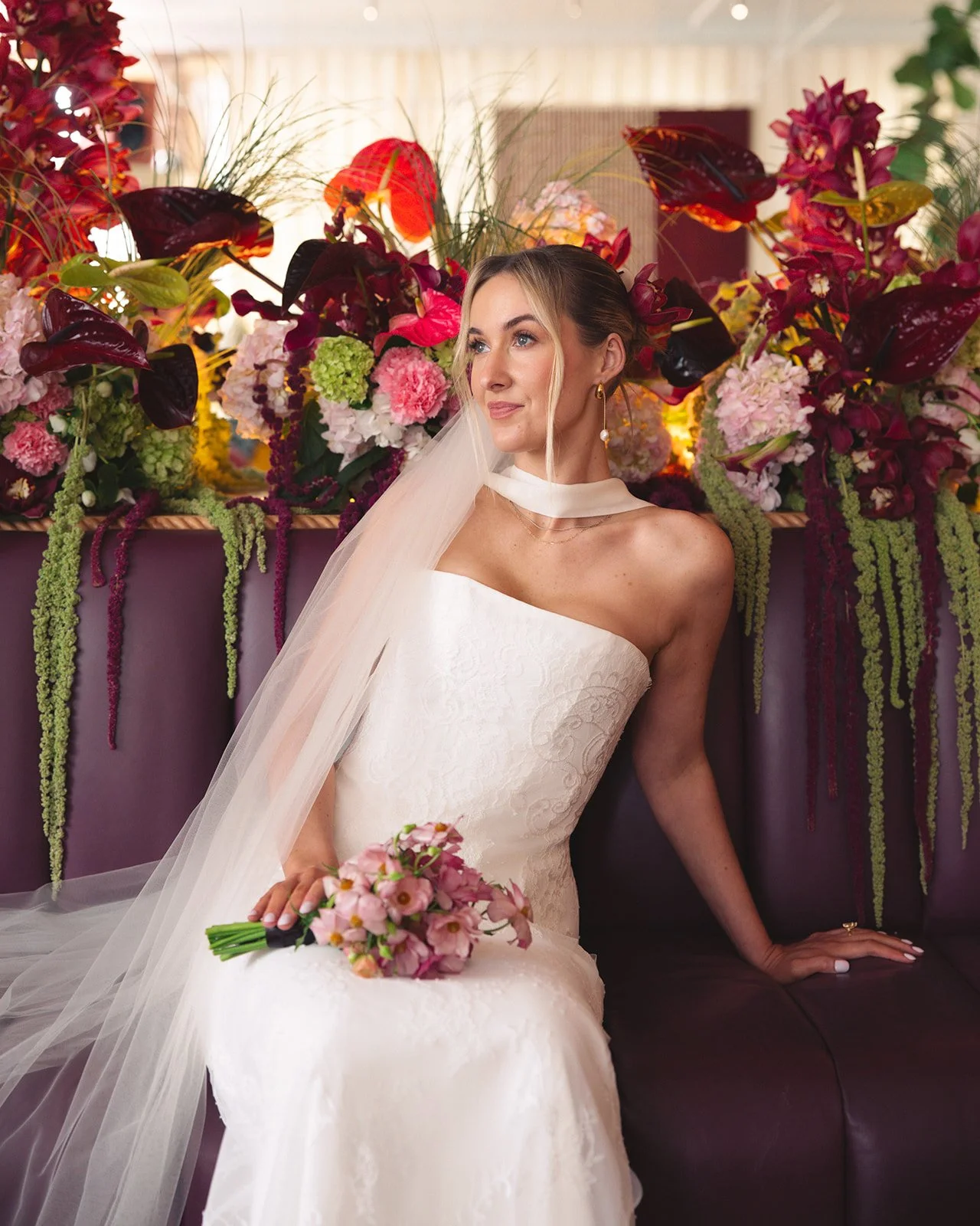 minimal modern feminine whimsical serpentine table centerpiece burgundy and green color palette orchids anthurium amaranth carnation mound the cottage rose kansas city wedding florist crossroads le lounge no vacancy bride kc true love coordination