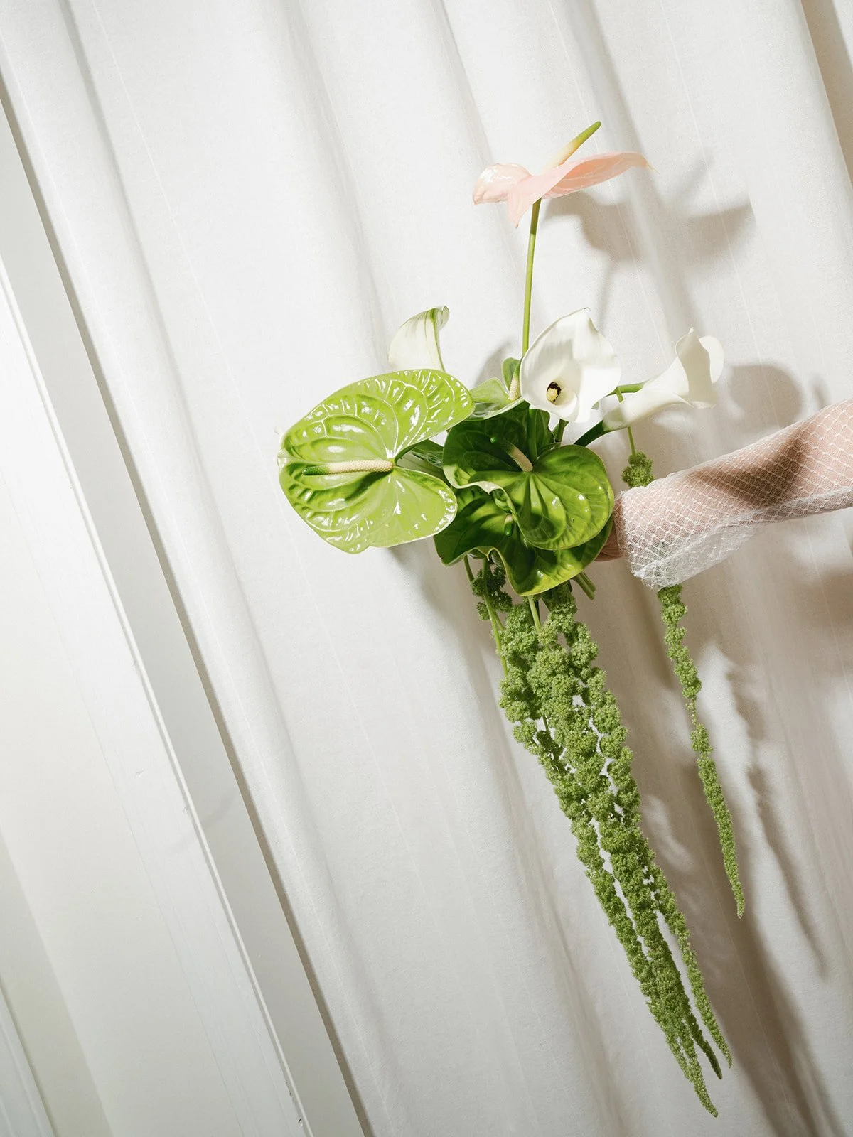 Sculptural modern spring wedding anthurium amaranth midtown la villa spring flowers the cottage rose kansas city wedding florist crossroads personal flowers petite modern sculptural bouquet calla lilies bridal style lace sleeve