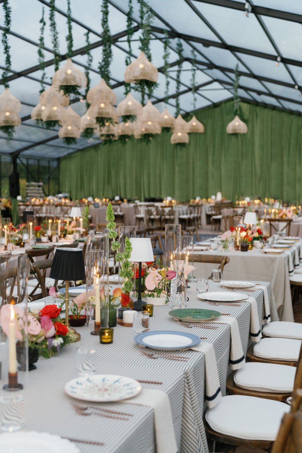 Modern eclectic luxury wedding on the lawn at liberty memorial greenhouse tent wedding outdoor reception fall wedding decor october wedding the cottage rose kansas city wedding florist crossroads centerpieces lamps candles ikebana bud vases