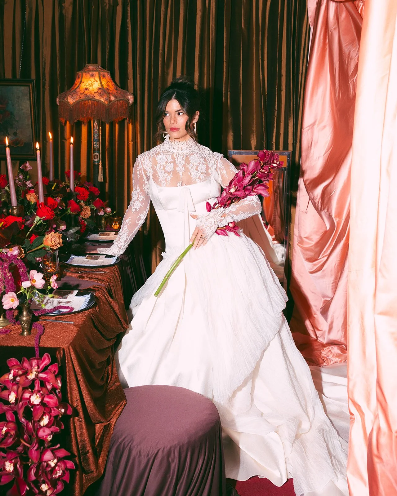 Vintage maximalist more is more wedding inspiration full lush florals pop of red modern victorian lace bridal look le lounge kansas city wedding florist the cottage rose crossroads spring wedding decor brown fabric orchids amaranth bride kc