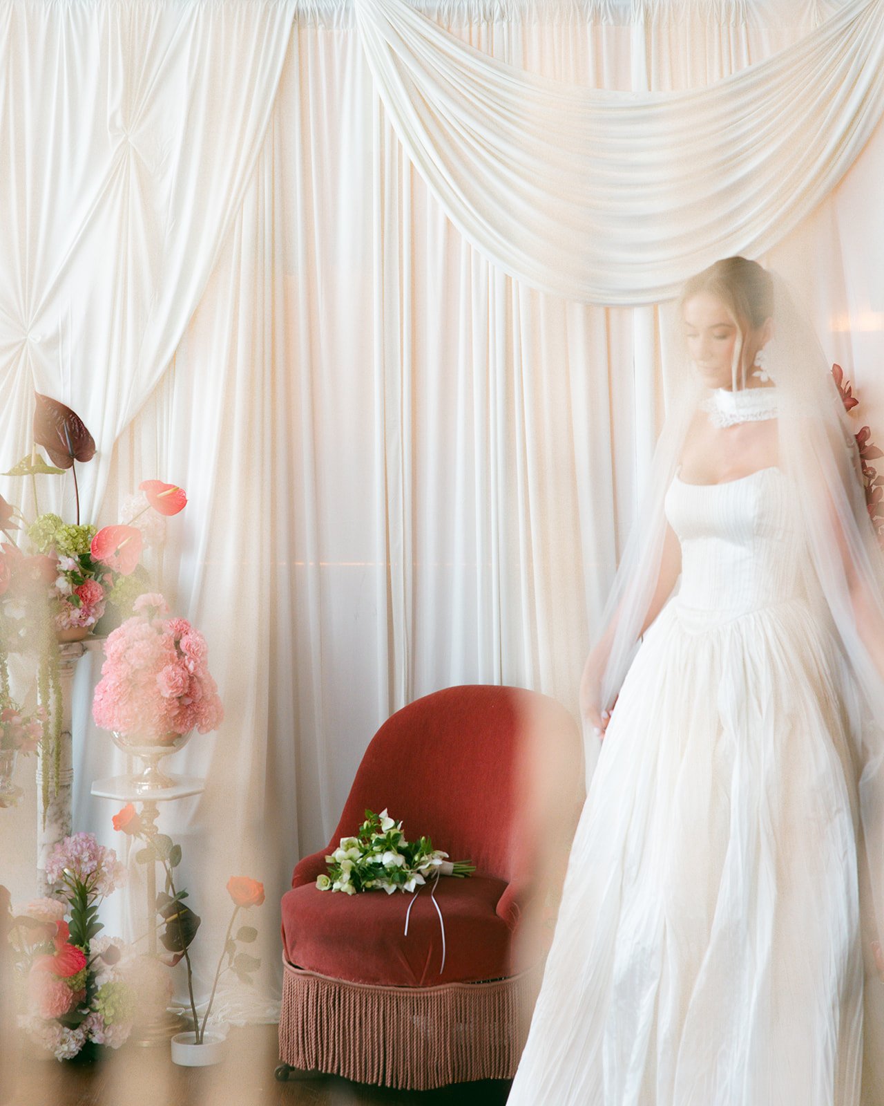 minimal modern feminine whimsical bridal styled shoot burgundy and green color palette orchids anthurium amaranth carnation mound the cottage rose kansas city wedding florist crossroads le lounge no vacancy bride kc true love coordination spring