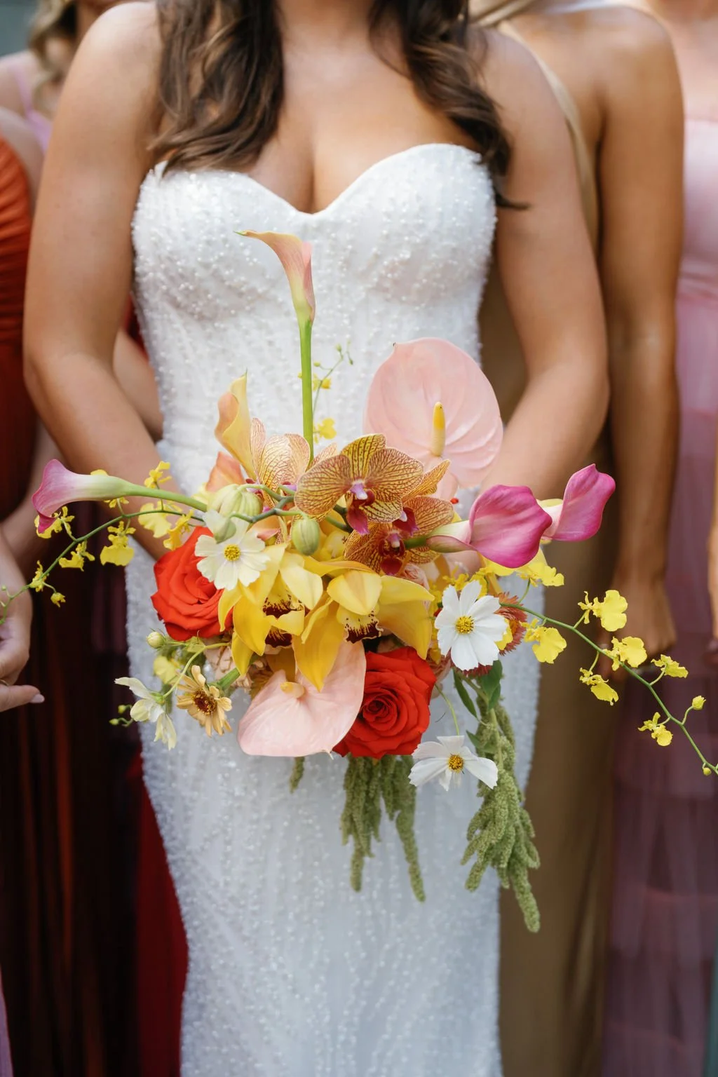 Modern eclectic luxury wedding on the lawn at liberty memorial greenhouse tent wedding outdoor reception fall wedding decor october the cottage rose kansas city wedding florist crossroads bridal portrait colorful orchid bridal bouquet anthurim callas