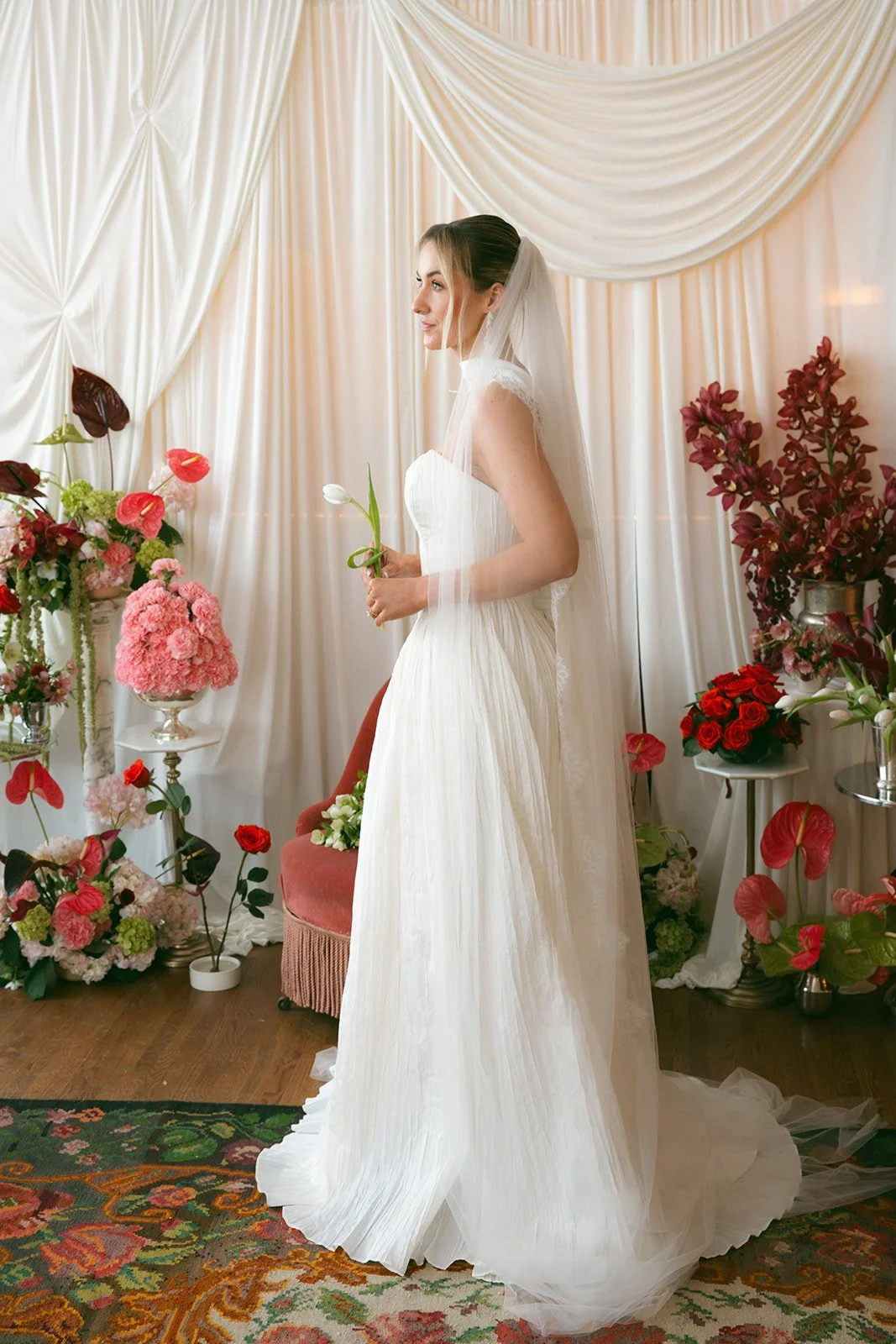 minimal modern feminine whimsical bridal styled shoot burgundy and green color palette orchids anthurium amaranth carnation mound the cottage rose kansas city wedding florist crossroads le lounge no vacancy bride kc true love coordination spring