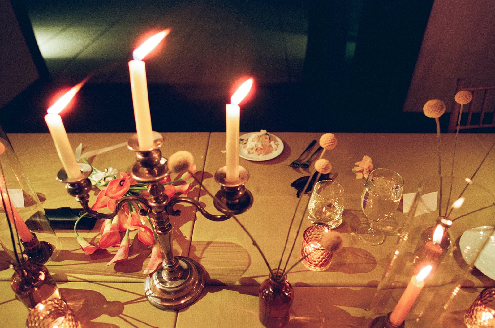 Modern september wedding reception orange and yellow color palette craspedia bud vases centerpieces silver candelabra  the cottage rose kansas city wedding florist crossroads hotel kansas city wedding orange marigold ikebana arrangement centerpiece