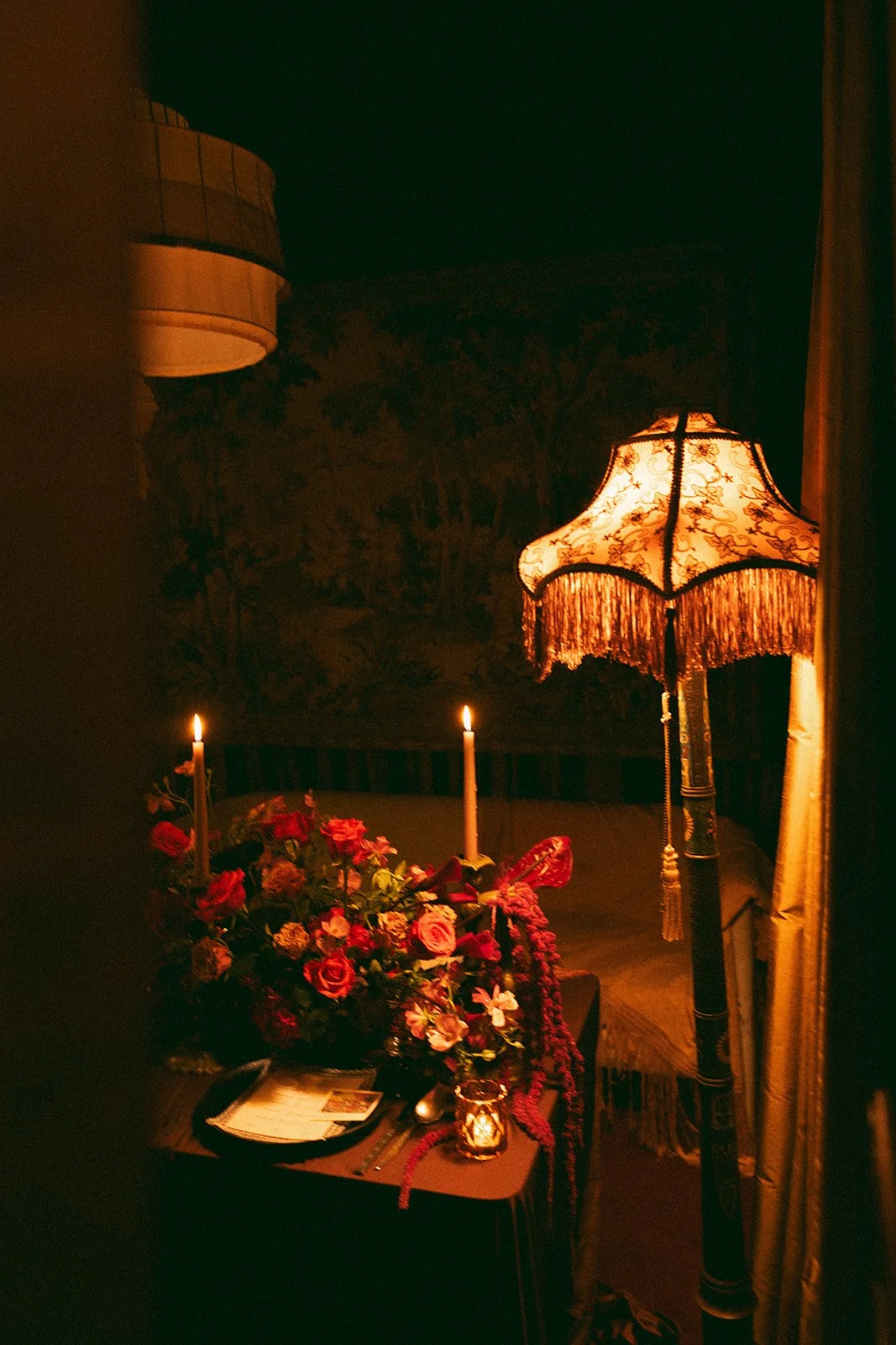 Vintage maximalist more is more wedding inspiration full lush florals pop of red vintage candelabra head table decor le lounge kansas city wedding florist the cottage rose crossroads spring wedding decor brown fabric orchid amaranth lace fringe