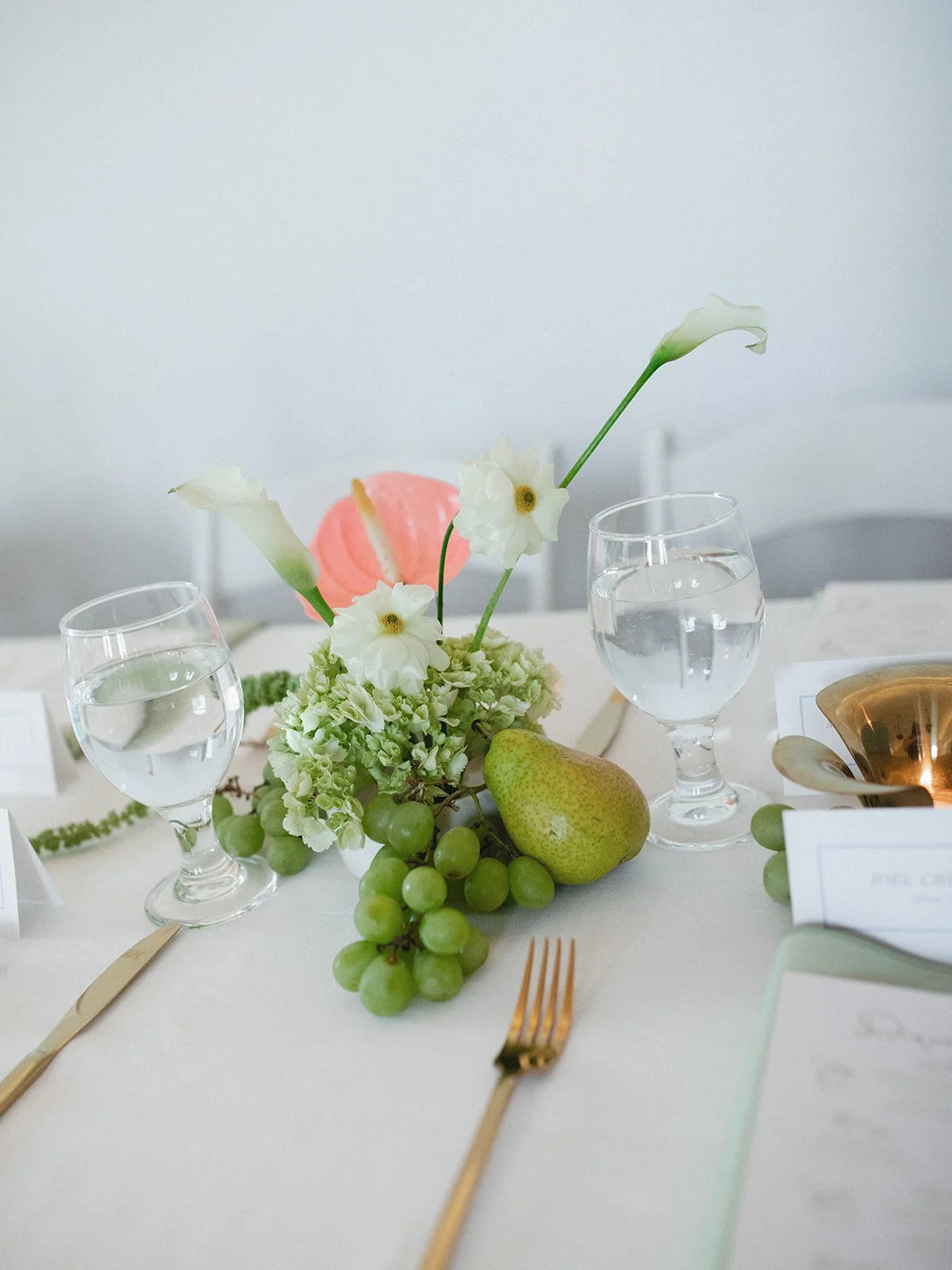 Sculptural modern spring wedding bud vases fruit and flowers candles hanging installation midtown la villa spring flowers the cottage rose kansas city wedding florist crossroads reception decor