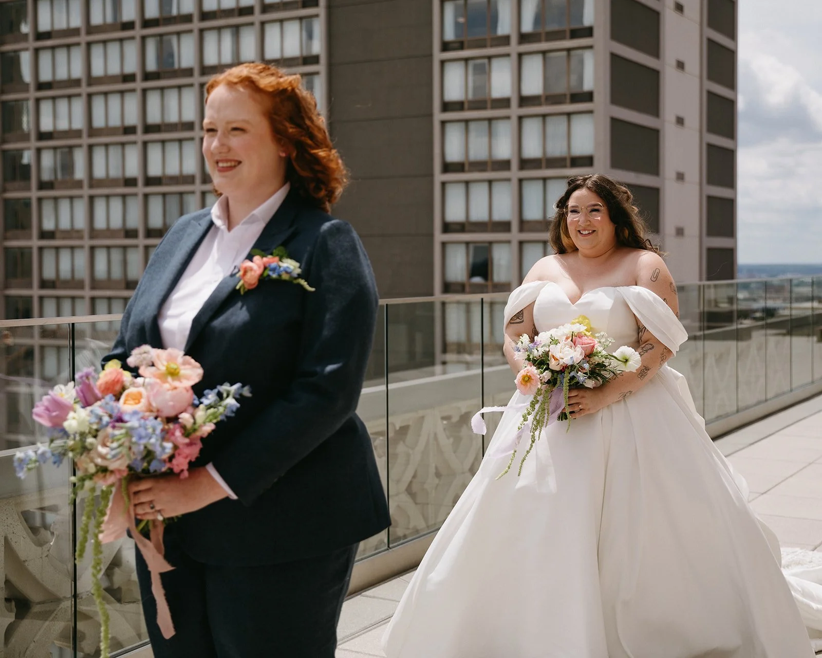 whimiscal spring garden wedding pastel color palette same sex wedding personal flowers bridal bouquets  downtown kc hotel kansas city the cottage rose kansas city wedding florist crossroads bridal portraits