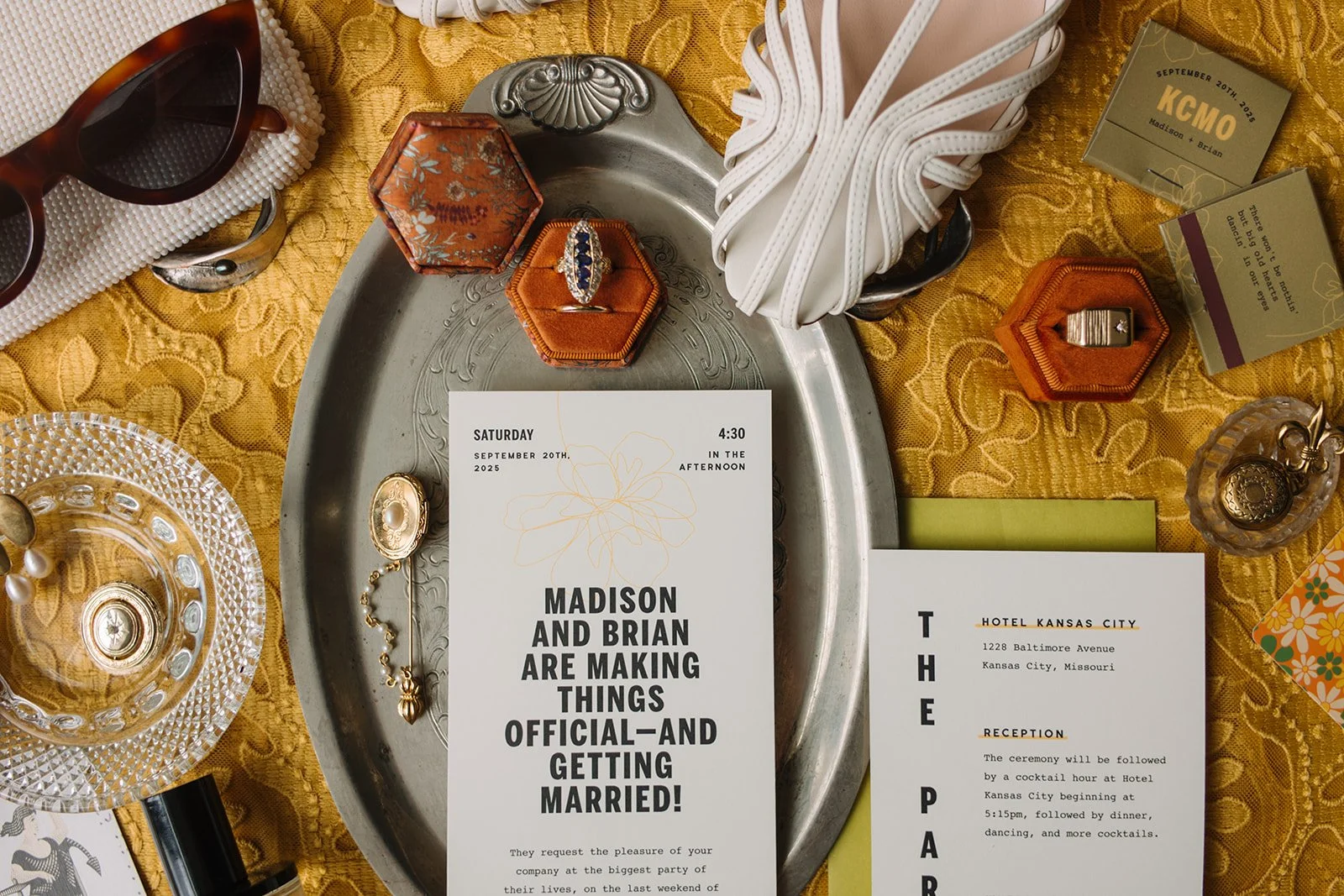 Modern september wedding with vintage decor touches orange and yellow color palette invitation suite bold type the cottage rose kansas city wedding florist crossroads hotel kansas city wedding