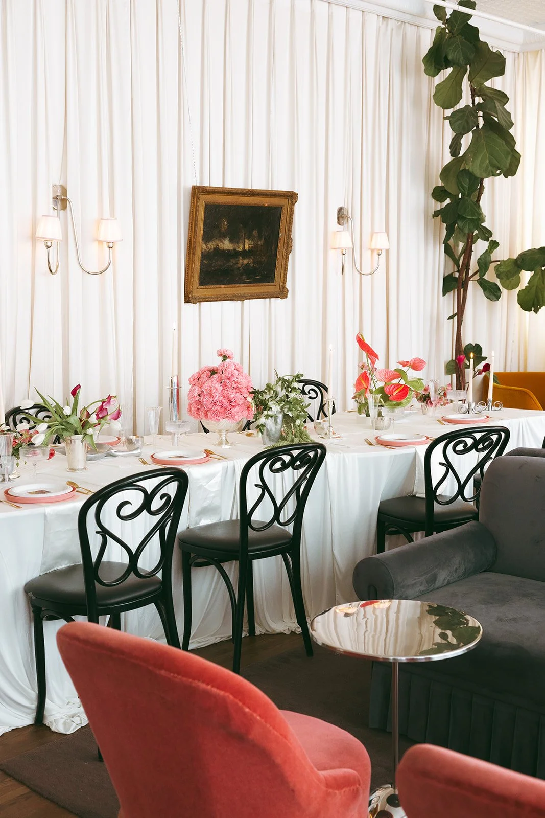 minimal modern feminine whimsical serpentine table centerpiece burgundy and green color palette orchids anthurium amaranth carnation mound the cottage rose kansas city wedding florist crossroads le lounge no vacancy bride kc true love coordination