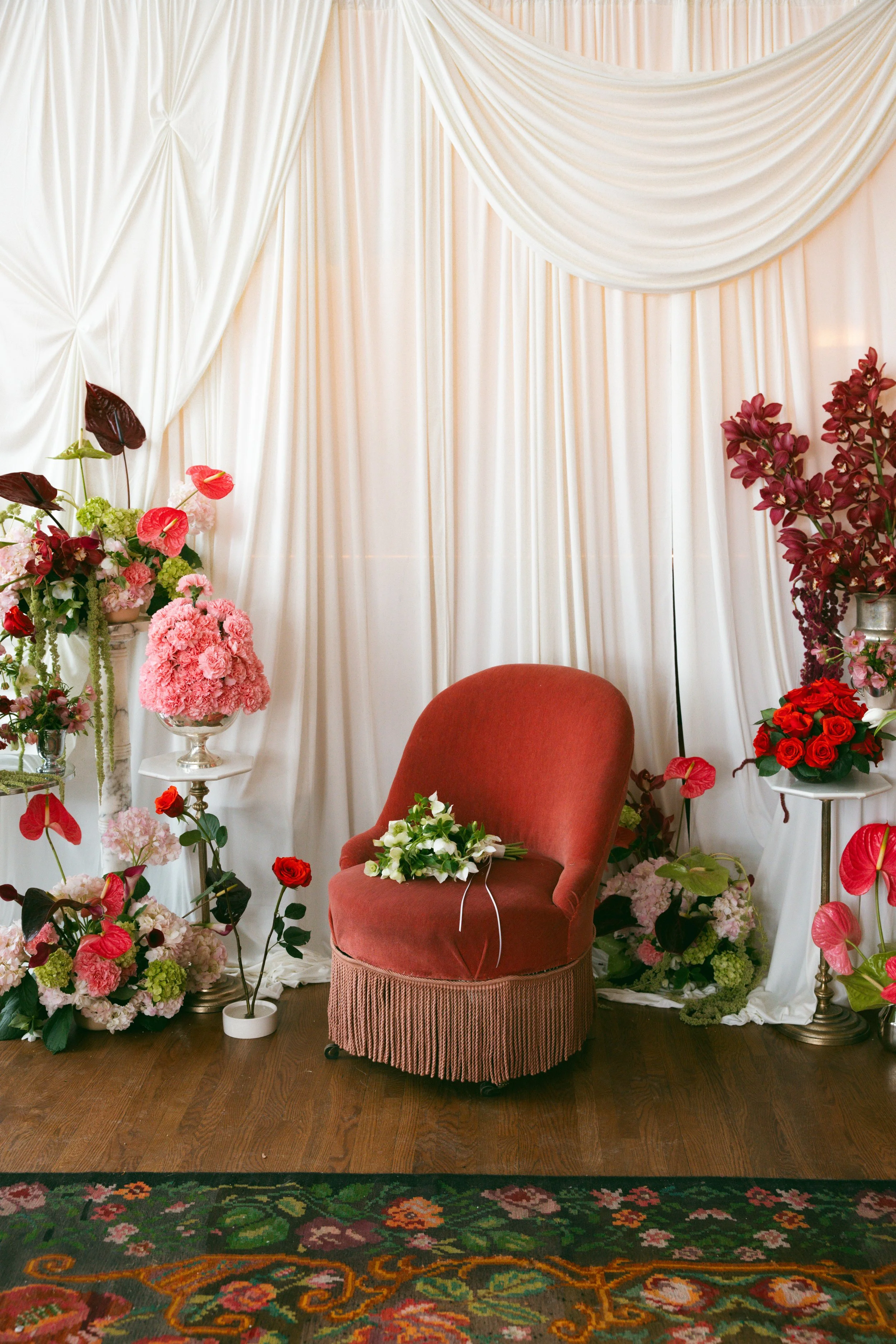 minimal modern feminine whimsical bridal styled shoot burgundy and green color palette orchids anthurium amaranth carnation mound the cottage rose kansas city wedding florist crossroads le lounge no vacancy bride kc true love coordination spring