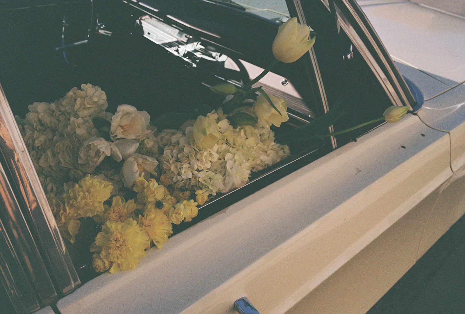 vintage car tulip bouquet wrapped the cottage rose kansas city wedding florist crossroads branding shoot interior designer hydrangea