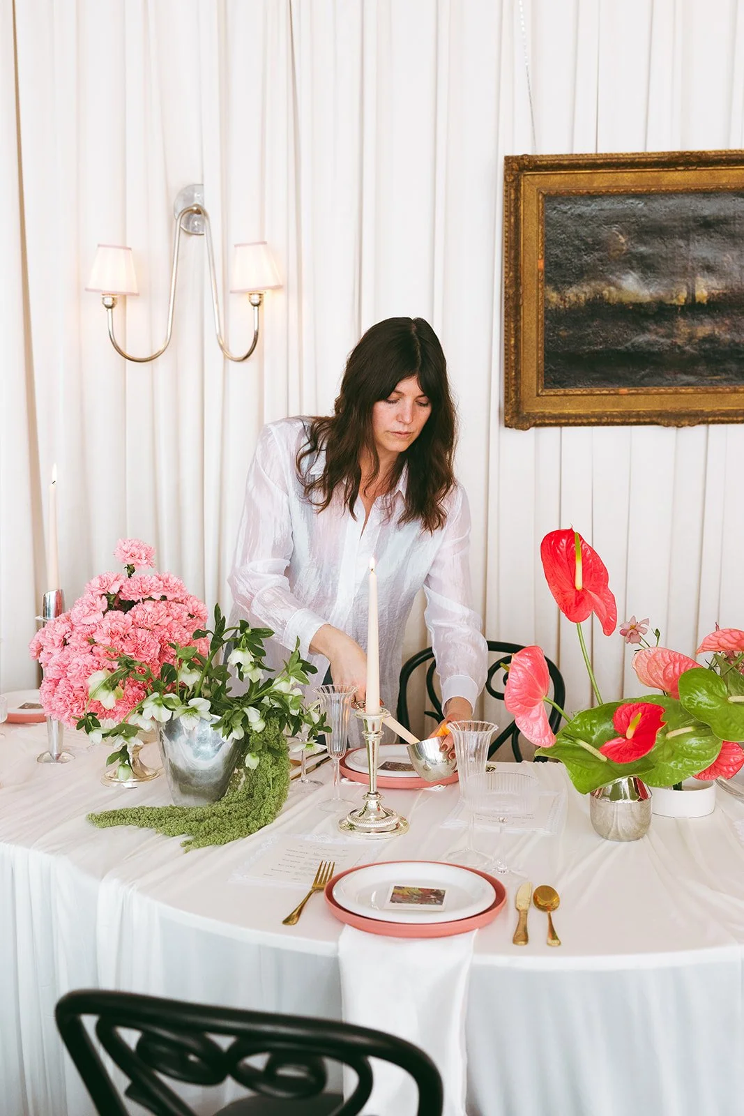 minimal modern feminine whimsical serpentine table centerpiece burgundy and green color palette orchids anthurium amaranth carnation mound the cottage rose kansas city wedding florist crossroads le lounge no vacancy bride kc true love coordination