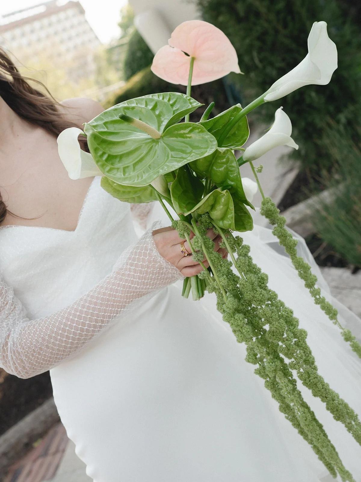 Sculptural modern spring wedding anthurium amaranth midtown la villa spring flowers the cottage rose kansas city wedding florist crossroads personal flowers petite modern sculptural bouquet calla lilies bridal style