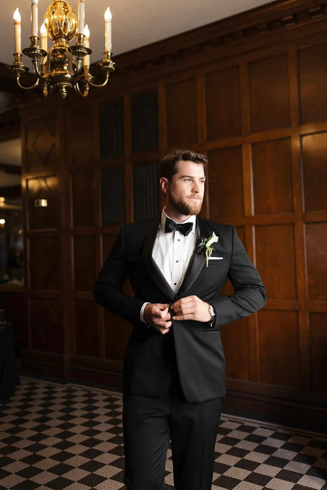 Modern chic november fall wedding downtown hotel kansas city orchids calla lilies amaranth bout anthurium groom portrait chic groom style the cottage rose kansas city wedding florist crossroads