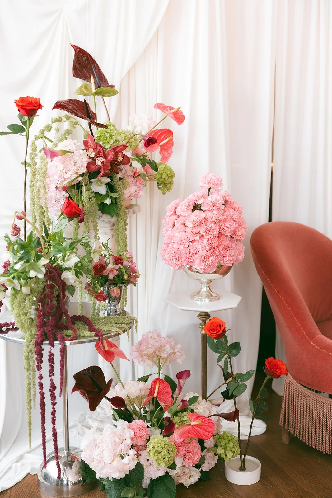 minimal modern feminine whimsical bridal styled shoot burgundy and green color palette orchids anthurium amaranth carnation mound the cottage rose kansas city wedding florist crossroads le lounge no vacancy bride kc true love coordination spring