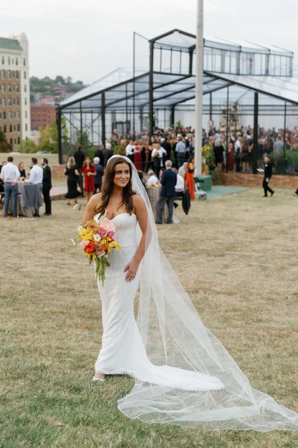 Modern eclectic luxury wedding on the lawn at liberty memorial greenhouse tent wedding outdoor reception fall wedding decor october wedding the cottage rose kansas city wedding florist crossroads bridal portrait colorful orchid bridal bouquet