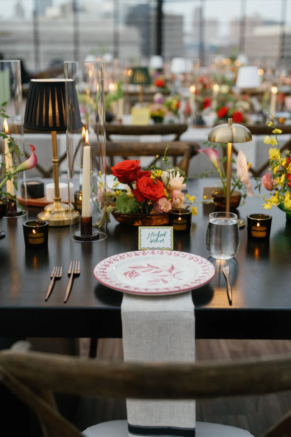 Modern eclectic luxury wedding on the lawn at liberty memorial greenhouse tent wedding outdoor reception fall wedding decor october wedding the cottage rose kansas city wedding florist crossroads centerpieces lamps candles ikebana bud vases