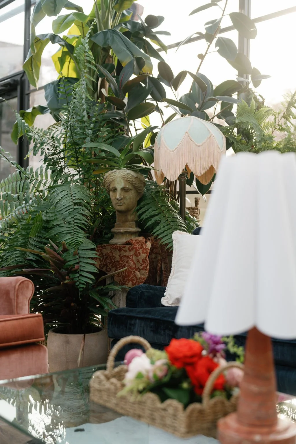 Modern eclectic luxury wedding on the lawn at liberty memorial greenhouse tent wedding outdoor reception fall wedding decor october wedding the cottage rose kansas city wedding florist crossroads centerpieces lamps candles plant styling vintage decor