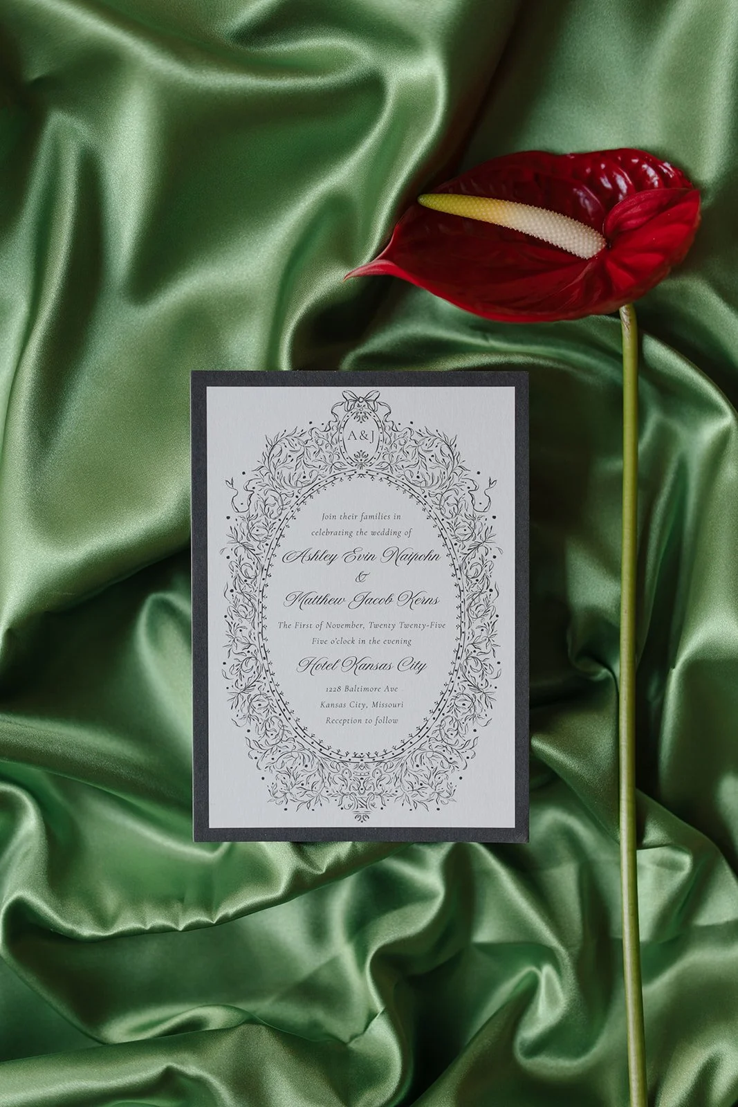 Modern chic november fall wedding downtown hotel kansas city orchids wedding invitation anthurium flat lay the cottage rose kansas city wedding florist crossroads