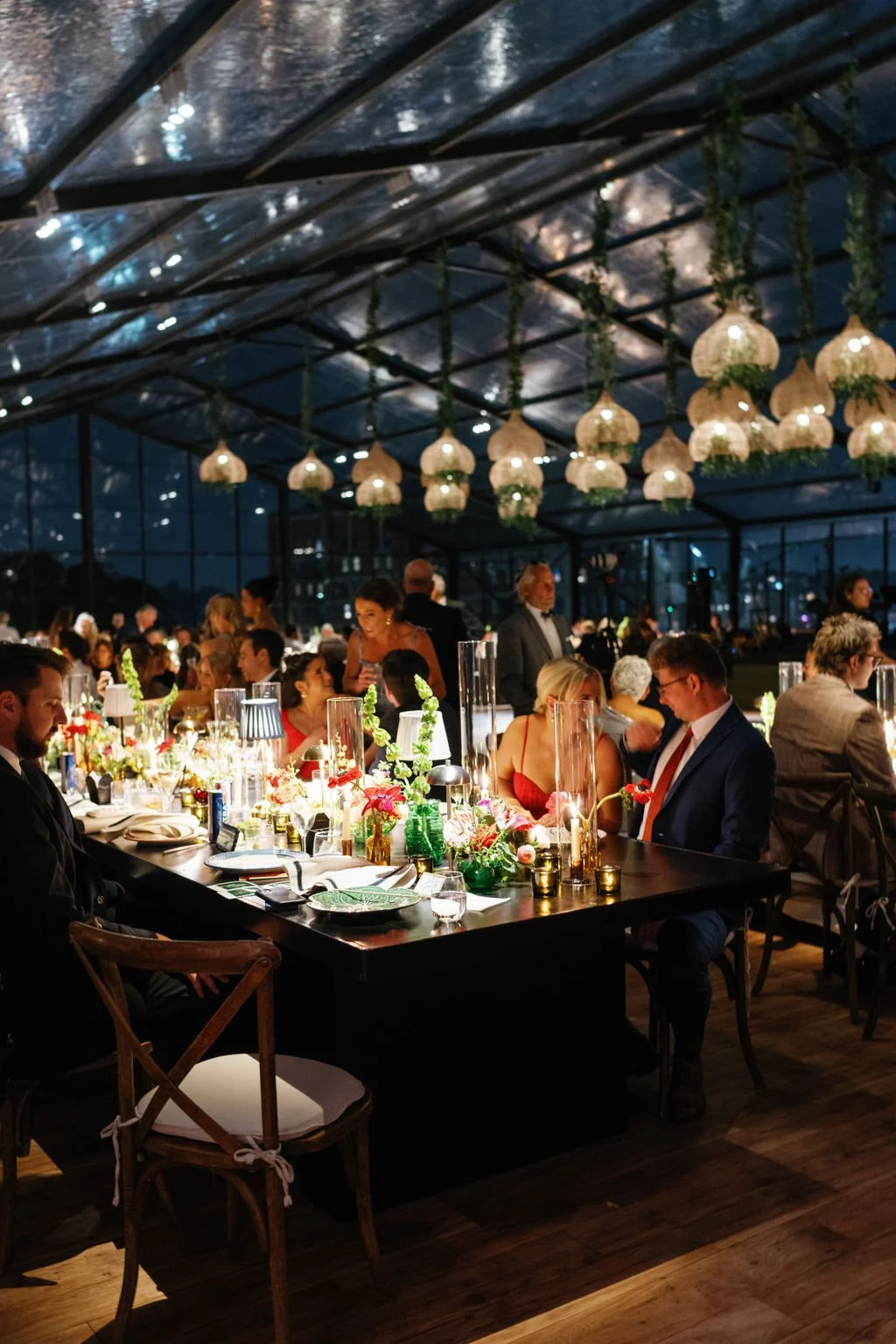 Modern eclectic luxury wedding on the lawn at liberty memorial greenhouse tent wedding outdoor reception fall wedding decor october wedding the cottage rose kansas city wedding florist crossroads centerpieces lamps candles ikebana bud vases