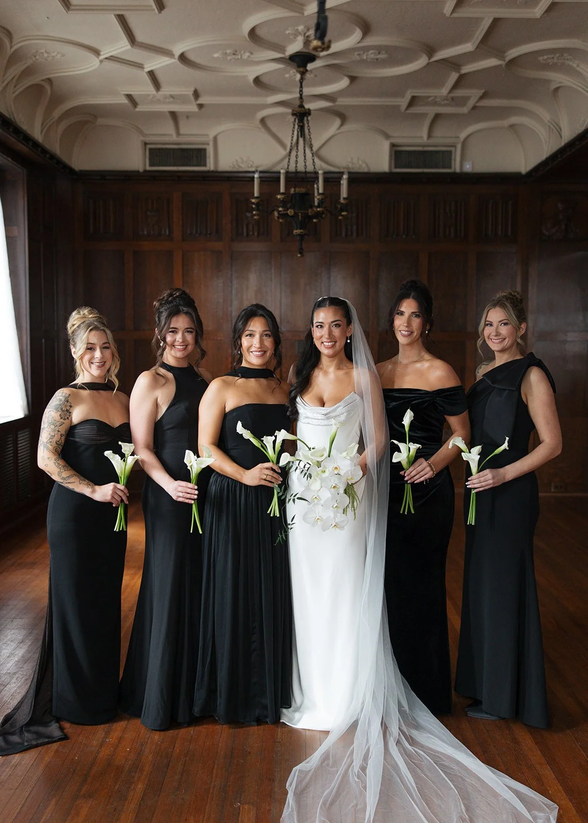 Modern chic november fall wedding downtown hotel kansas city orchids calla lilies amaranth anthurium wedding party the cottage rose kansas city wedding florist crossroads