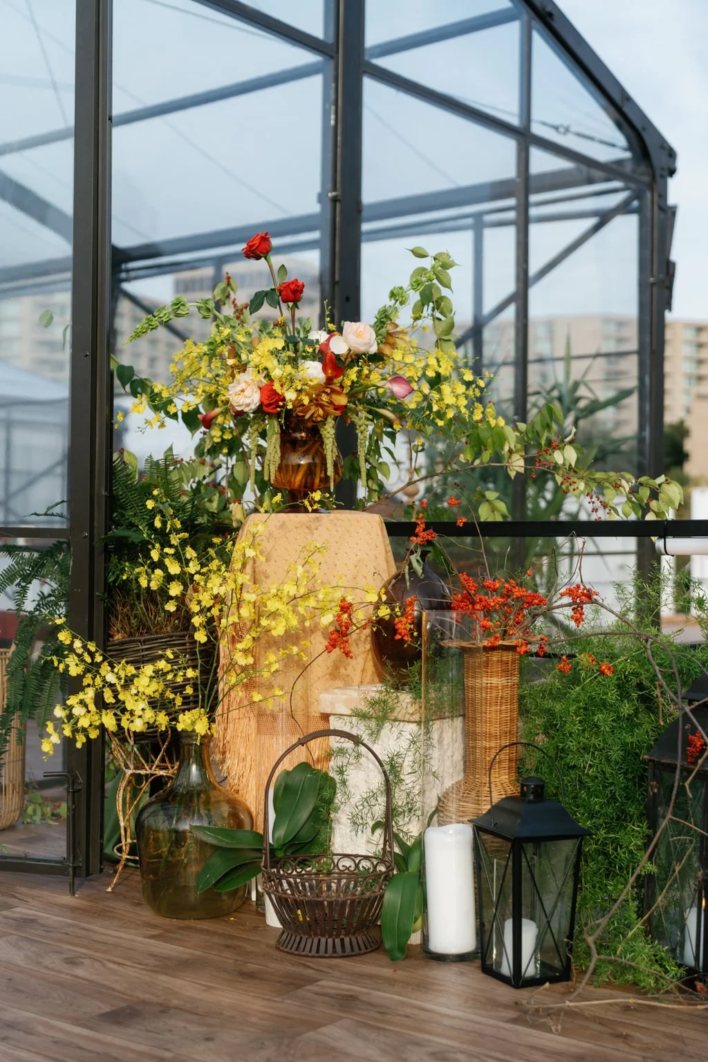 Modern eclectic luxury wedding on the lawn at liberty memorial greenhouse tent wedding outdoor reception fall wedding decor october wedding the cottage rose kansas city wedding florist crossroads centerpieces lanterns candles entrance florals