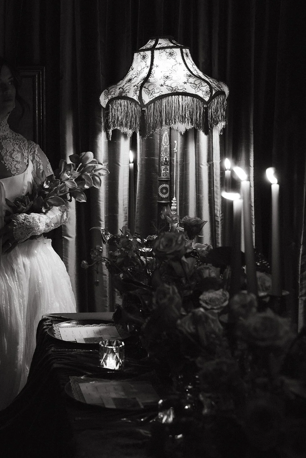 Vintage maximalist more is more wedding inspiration full lush florals pop of red modern victorian lace bridal look le lounge kansas city wedding florist the cottage rose crossroads spring wedding decor brown fabric orchids amaranth bride kc