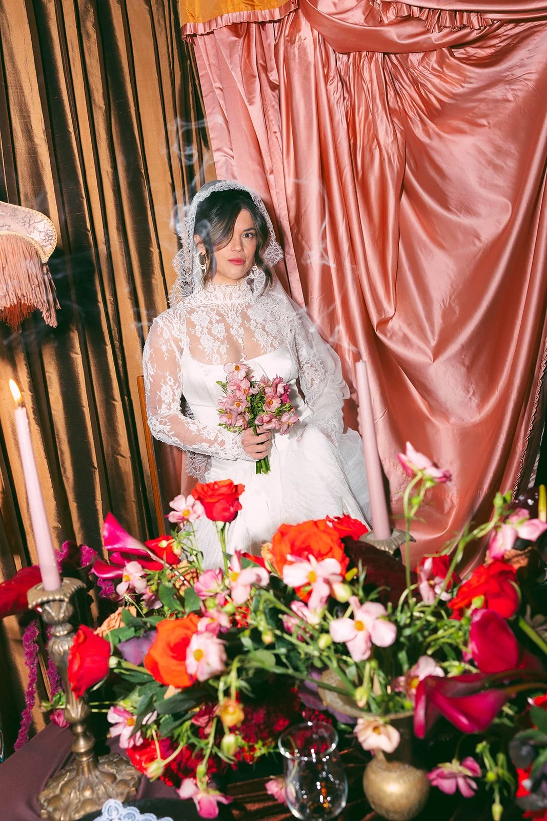 Vintage maximalist more is more wedding inspiration full lush florals pop of red modern victorian lace bridal look le lounge kansas city wedding florist the cottage rose crossroads spring wedding decor brown fabric orchids amaranth bride kc