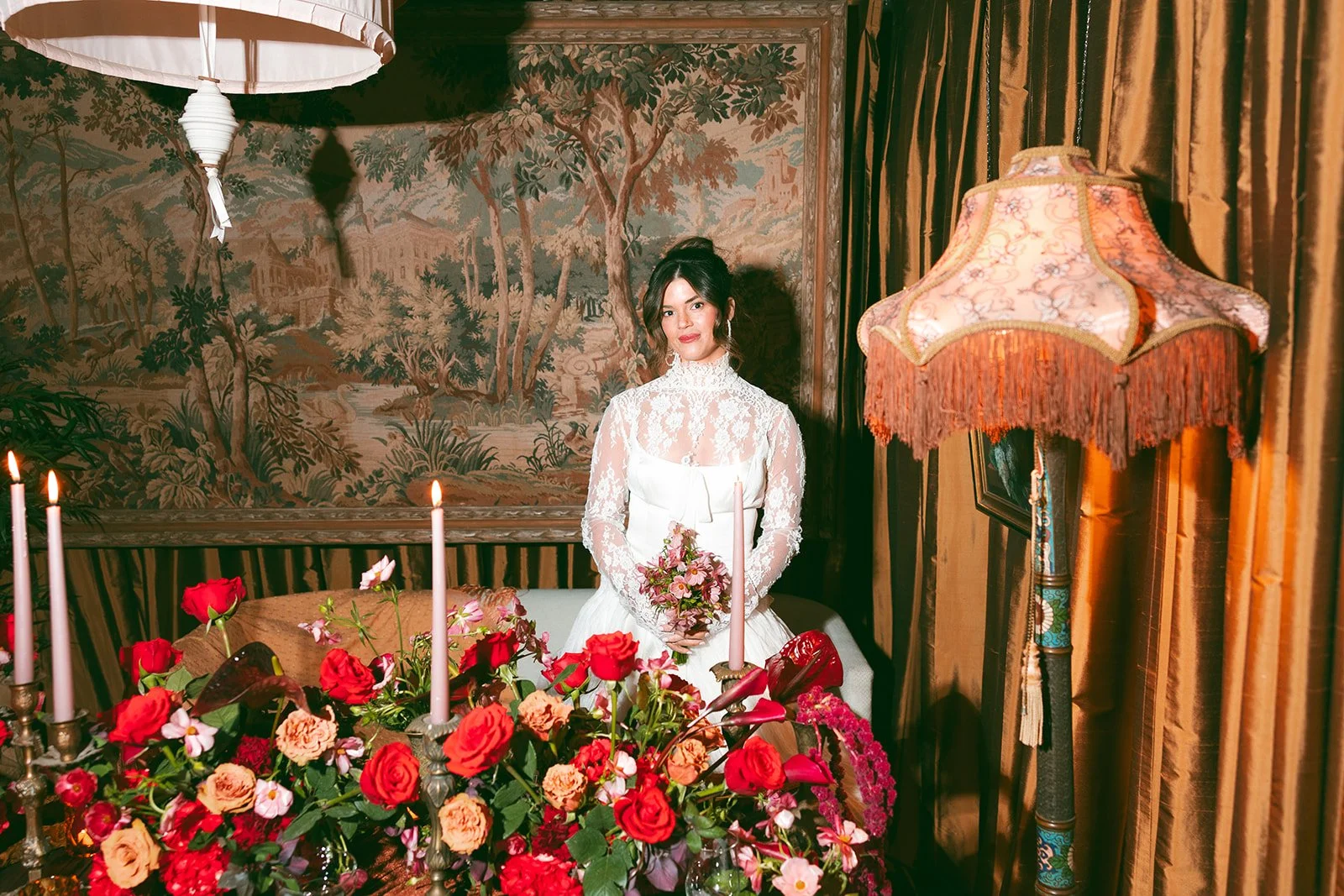 Vintage maximalist more is more wedding inspiration full lush florals pop of red modern victorian lace bridal look le lounge kansas city wedding florist the cottage rose crossroads spring wedding decor brown fabric orchids amaranth bride kc