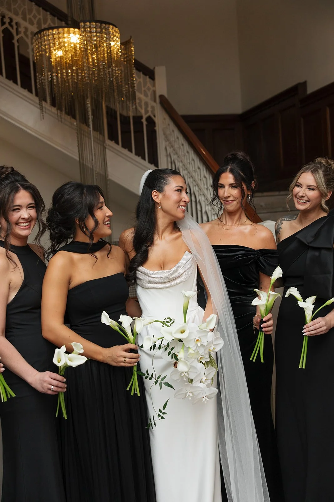 Modern chic november fall wedding downtown hotel kansas city orchids calla lilies amaranth anthurium wedding party the cottage rose kansas city wedding florist crossroads