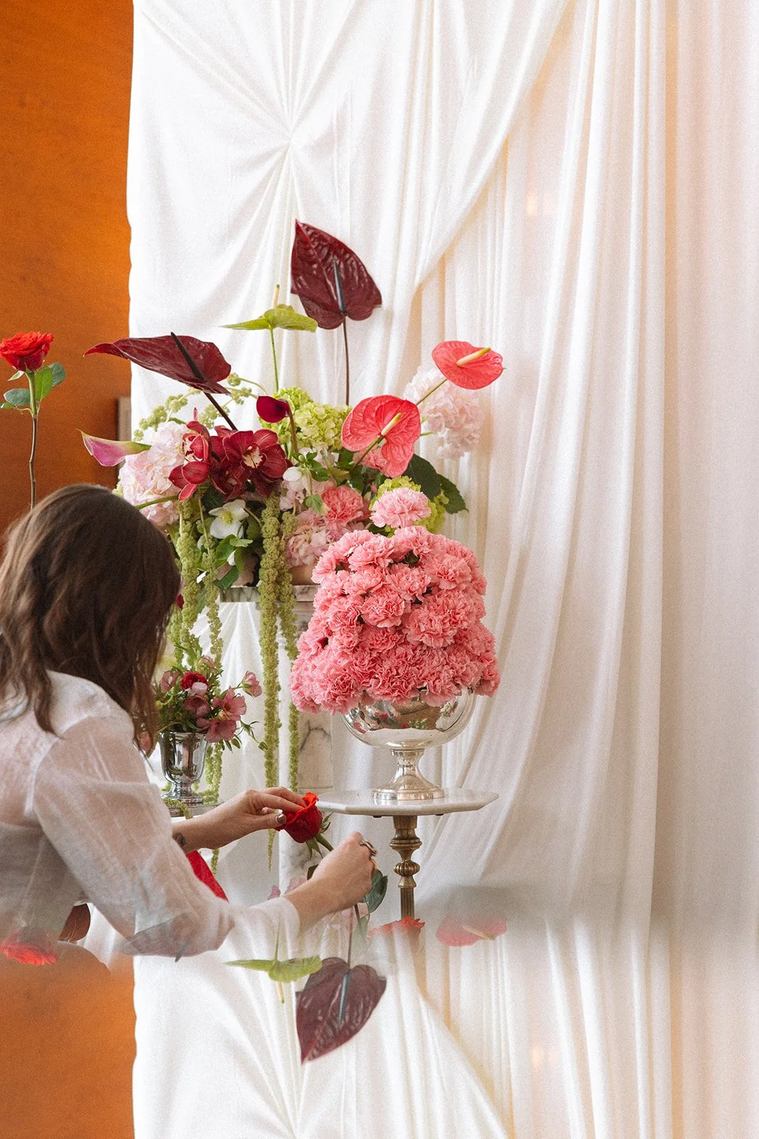 minimal modern feminine whimsical bridal styled shoot burgundy and green color palette orchids anthurium amaranth carnation mound the cottage rose kansas city wedding florist crossroads le lounge no vacancy bride kc true love coordination spring