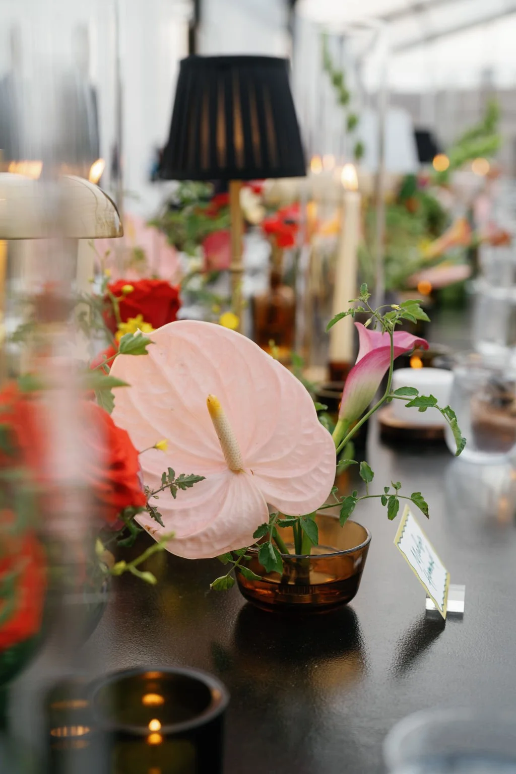 Modern eclectic luxury wedding on the lawn at liberty memorial greenhouse tent wedding outdoor reception fall wedding decor october wedding the cottage rose kansas city wedding florist crossroads centerpieces lamps candles ikebana bud vases