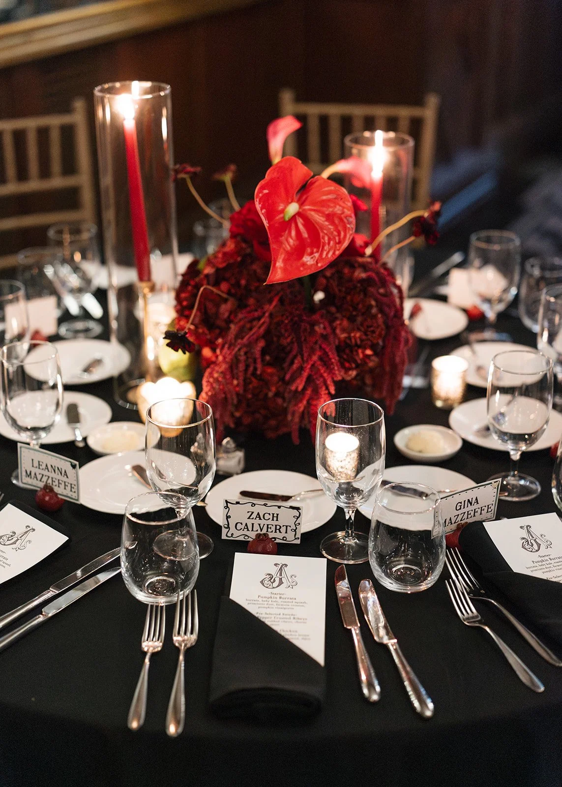 Modern chic november fall wedding downtown hotel kansas city rose calla lilies amaranth reception taper candles red burgundy hydrangea mound centerpiece anthurium the cottage rose kansas city wedding florist crossroads