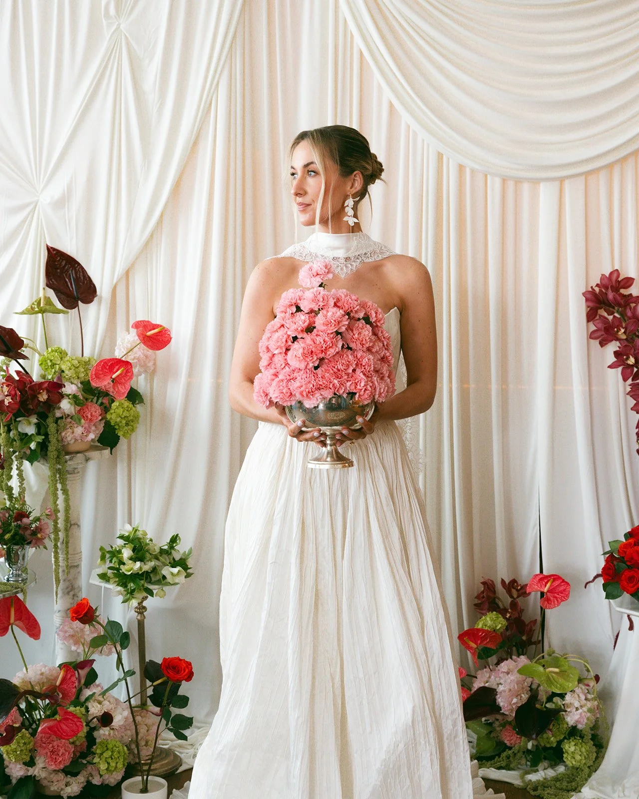 minimal modern feminine whimsical bridal styled shoot burgundy and green color palette orchids anthurium amaranth carnation mound the cottage rose kansas city wedding florist crossroads le lounge no vacancy bride kc true love coordination spring