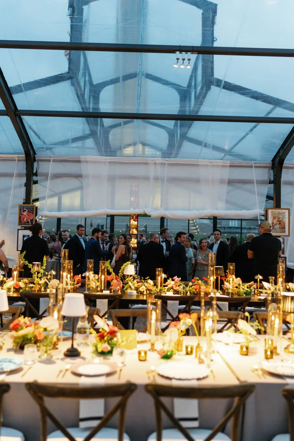 Modern eclectic luxury wedding on the lawn at liberty memorial greenhouse tent wedding outdoor reception fall wedding decor october wedding the cottage rose kansas city wedding florist crossroads centerpieces lamps candles ikebana bud vases