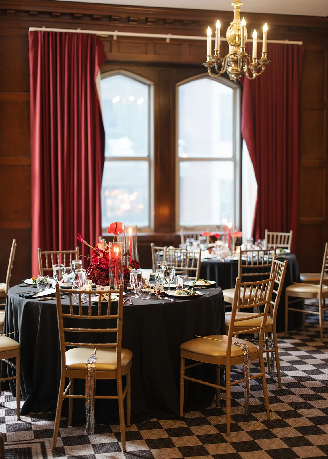 Modern chic november fall wedding downtown hotel kansas city rose calla lilies amaranth reception taper candles red burgundy hydrangea mound centerpiece anthurium the cottage rose kansas city wedding florist crossroads