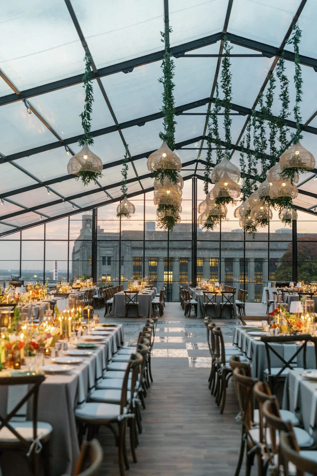Modern eclectic luxury wedding on the lawn at liberty memorial greenhouse tent wedding outdoor reception fall wedding decor october wedding the cottage rose kansas city wedding florist crossroads centerpieces lamps candles ikebana bud vases