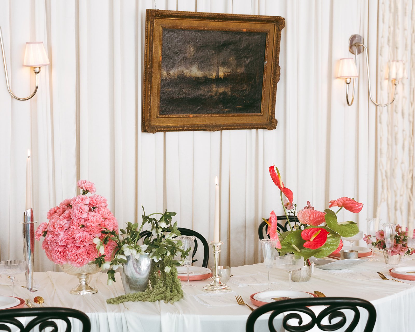 minimal modern feminine whimsical serpentine table centerpiece burgundy and green color palette orchids anthurium amaranth carnation mound the cottage rose kansas city wedding florist crossroads le lounge no vacancy bride kc true love coordination