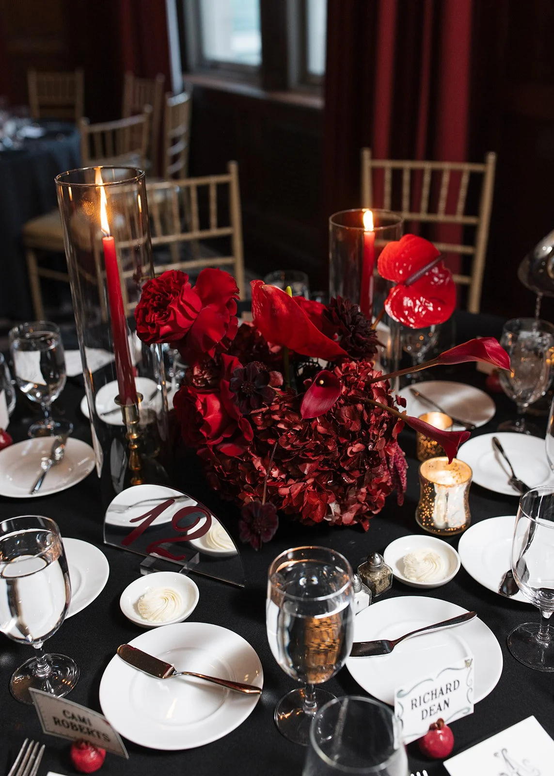 Modern chic november fall wedding downtown hotel kansas city rose calla lilies amaranth reception taper candles red burgundy hydrangea mound centerpiece anthurium the cottage rose kansas city wedding florist crossroads