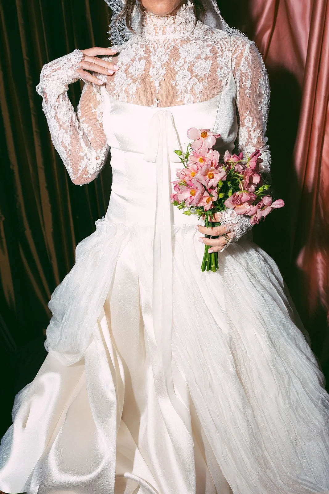 Vintage maximalist more is more wedding inspiration full lush florals pop of red modern victorian lace bridal look le lounge kansas city wedding florist the cottage rose crossroads spring wedding decor brown fabric orchids amaranth bride kc