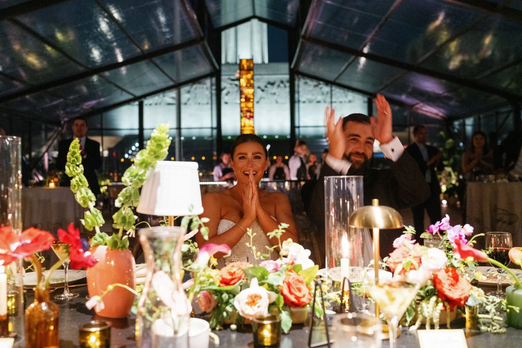 Modern eclectic luxury wedding on the lawn at liberty memorial greenhouse tent wedding outdoor reception fall wedding decor october wedding the cottage rose kansas city wedding florist crossroads centerpieces lamps candles bride groom head table