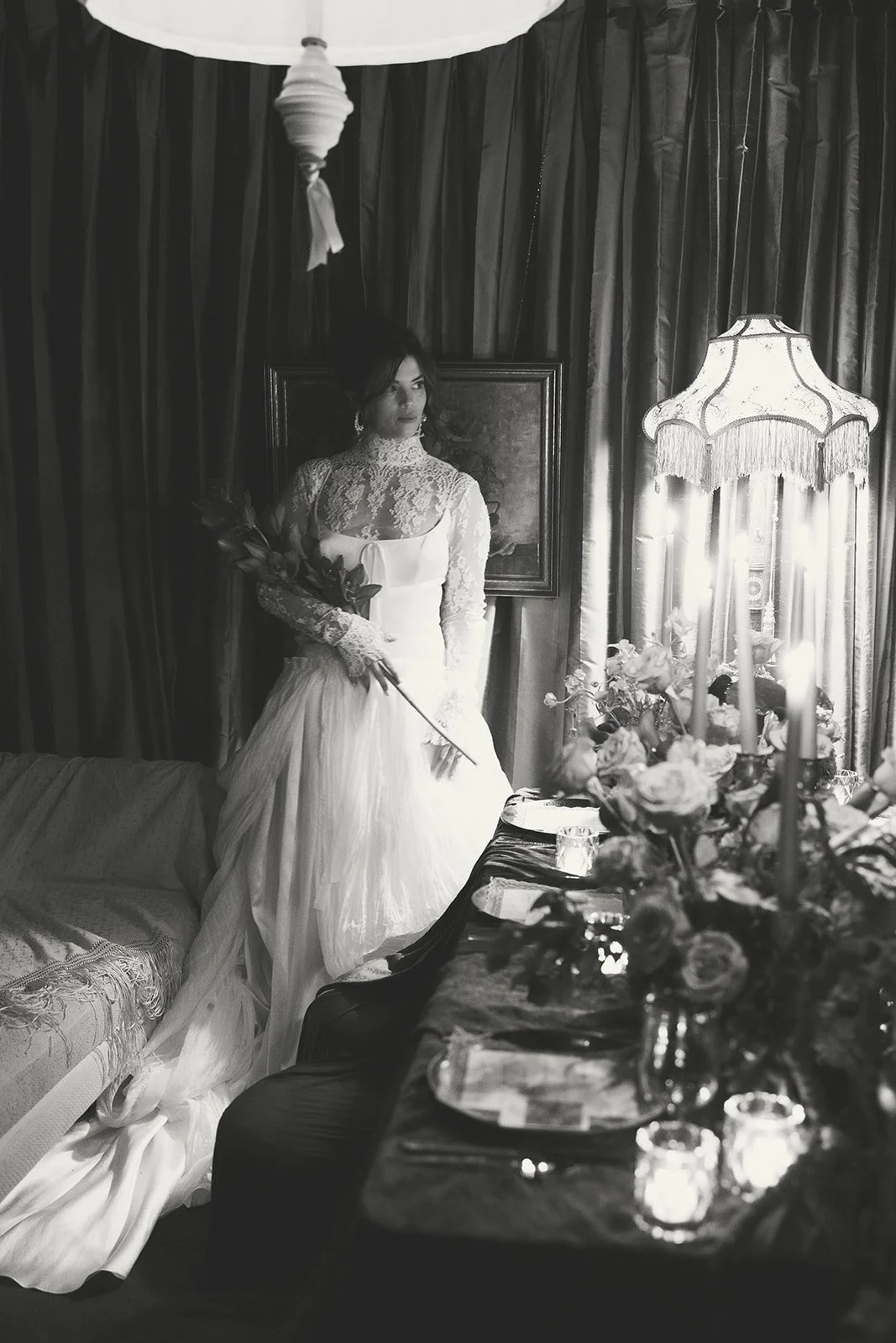 Vintage maximalist more is more wedding inspiration full lush florals pop of red modern victorian lace bridal look le lounge kansas city wedding florist the cottage rose crossroads spring wedding decor brown fabric orchids amaranth bride kc