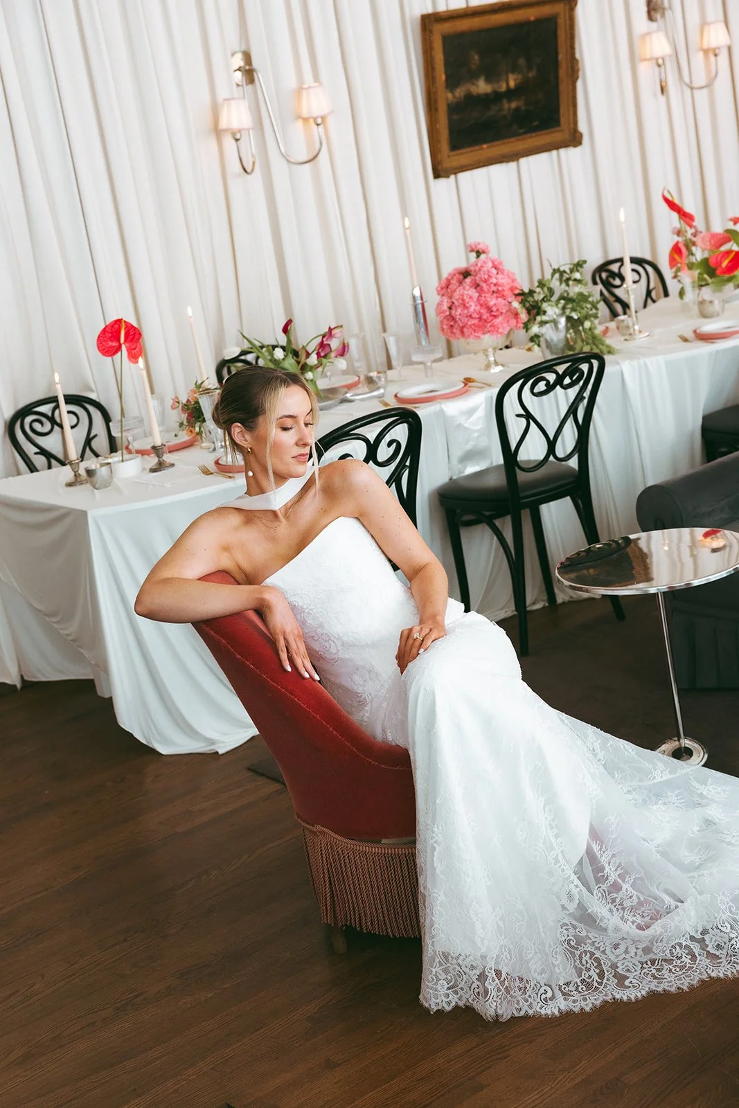 minimal modern feminine whimsical serpentine table centerpiece burgundy and green color palette orchids anthurium amaranth carnation mound the cottage rose kansas city wedding florist crossroads le lounge no vacancy bride kc true love coordination