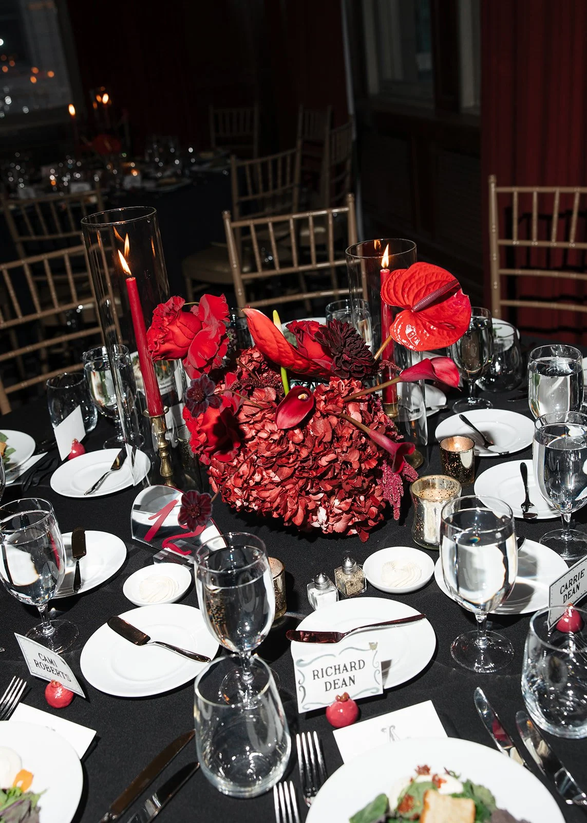 Modern chic november fall wedding downtown hotel kansas city rose calla lilies amaranth reception taper candles red burgundy hydrangea mound centerpiece anthurium the cottage rose kansas city wedding florist crossroads