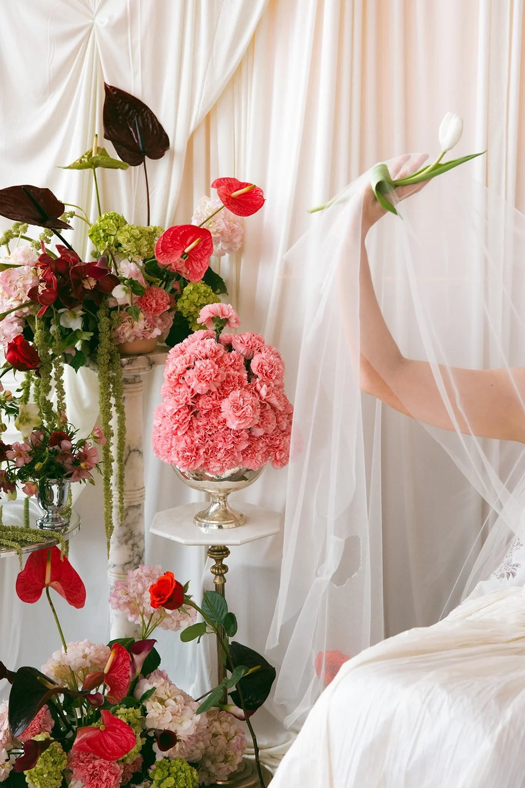 minimal modern feminine whimsical bridal styled shoot burgundy and green color palette orchids anthurium amaranth carnation mound the cottage rose kansas city wedding florist crossroads le lounge no vacancy bride kc true love coordination spring