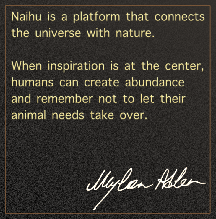 Naihu statement: Naihu is a platform that connects the universe with nature. When inspiration is at the center, humans can create abundance and remember not to let their animal needs take over.