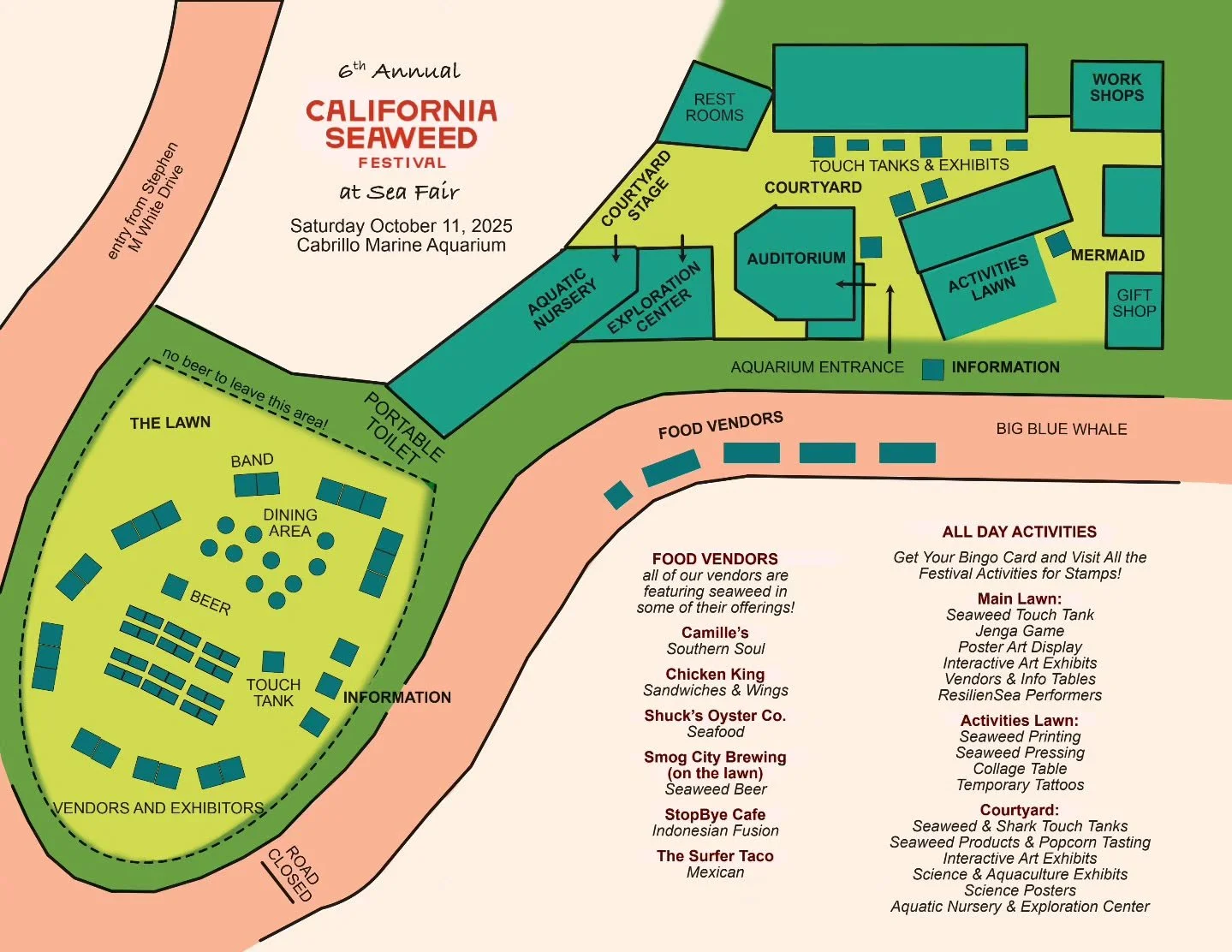 Here you have it! Only a day away! Its our California Seaweed Festival MAP! CHECK IT OUT! Find where everything is at. See you tonight at the Speakeasy and tomorrow at the California Seaweed Festival 2025! #caseaweedfest25 #thingstodoinla #sustainabl