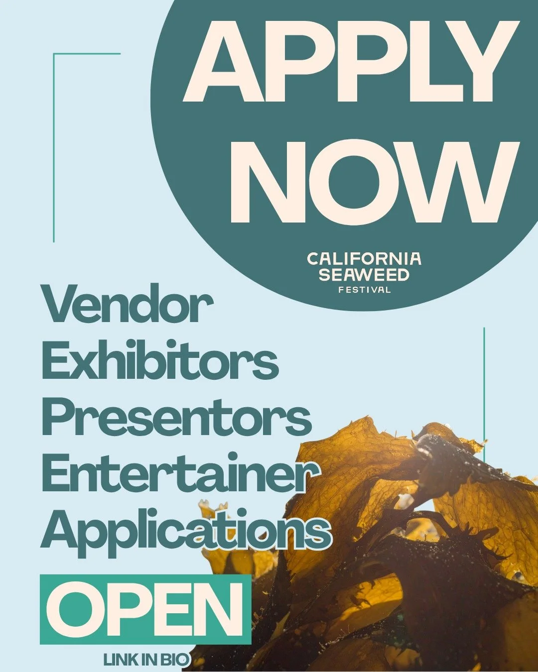 APPLY NOW! LINK IN BIO!
Applications are now open for the 7th Annual California Seaweed Festival!!

The California Seaweed Festival is coming to Monterey in October 2026! The largest seaweed festival in North America will hold its 7th annual event at