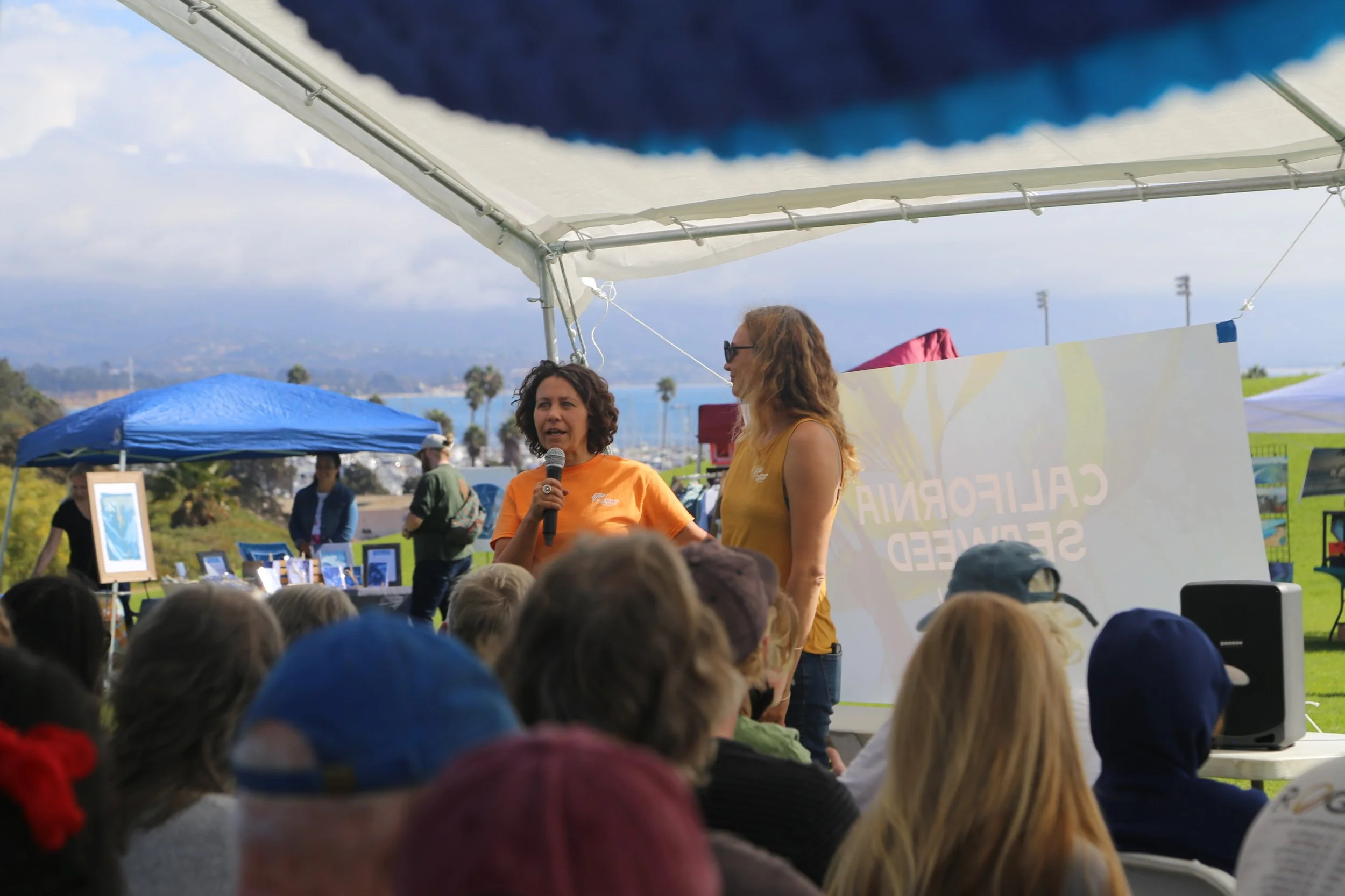 Two people speaking at an outdoor event under a tent, audience seated, display board reads 'California Seaweed.' Background shows other tents, framed art, and a scenic landscape.